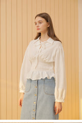 Smocked Waist Linen Blouse With Statement Collar and Long Puff Sleeves