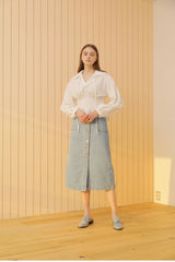 Smocked Waist Linen Blouse With Statement Collar and Long Puff Sleeves