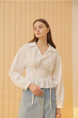 Smocked Waist Linen Blouse With Statement Collar and Long Puff Sleeves