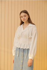 Smocked Waist Linen Blouse With Statement Collar and Long Puff Sleeves