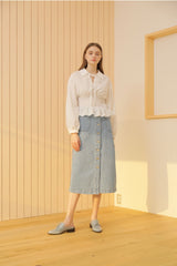 Smocked Waist Linen Blouse With Statement Collar and Long Puff Sleeves