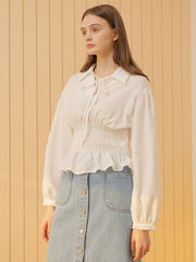 Smocked Waist Linen Blouse With Statement Collar and Long Puff Sleeves