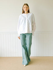 Women's Linen Blouse with Round Neckline and Back Tie Detail – Relaxed Fit Long Sleeve Top