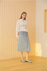 Smocked Waist Linen Blouse With Statement Collar and Long Puff Sleeves