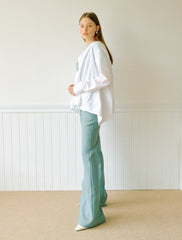 Women's Linen Flared Trousers with High Waist and Seam Detailing – Lightweight Tailored Pants