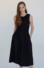 Sleeveless Linen Midi Dress with Waist Detail and Cutout Back Design