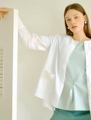 Women's Linen Blouse with Round Neckline and Back Tie Detail – Relaxed Fit Long Sleeve Top