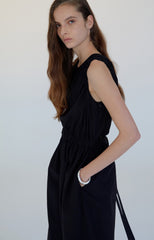 Sleeveless Linen Midi Dress with Waist Detail and Cutout Back Design