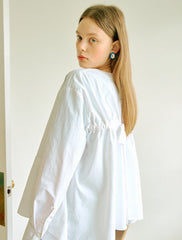 Women's Linen Blouse with Round Neckline and Back Tie Detail – Relaxed Fit Long Sleeve Top