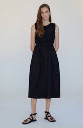 Sleeveless Linen Midi Dress with Waist Detail and Cutout Back Design