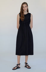 Sleeveless Linen Midi Dress with Waist Detail and Cutout Back Design