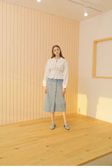 Smocked Waist Linen Blouse With Statement Collar and Long Puff Sleeves