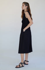 Sleeveless Linen Midi Dress with Waist Detail and Cutout Back Design