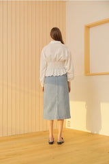 Smocked Waist Linen Blouse With Statement Collar and Long Puff Sleeves