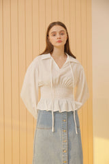 Smocked Waist Linen Blouse With Statement Collar and Long Puff Sleeves