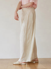 Women's High-Waisted Wide-Leg Linen Pants with Elastic Smocked Waist – Lightweight Summer Trousers