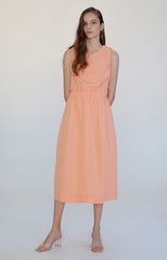 Sleeveless Linen Midi Dress with Ruched Waist and V-Back Cutout for Elegant Summer Style