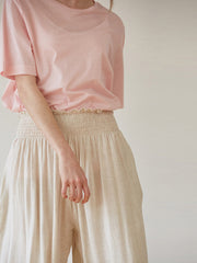 Women's High-Waisted Wide-Leg Linen Pants with Elastic Smocked Waist – Lightweight Summer Trousers