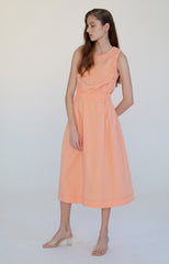 Sleeveless Linen Midi Dress with Ruched Waist and V-Back Cutout for Elegant Summer Style