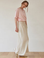 Women's High-Waisted Wide-Leg Linen Pants with Elastic Smocked Waist – Lightweight Summer Trousers