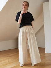 Women's High-Waisted Wide-Leg Linen Pants with Elastic Smocked Waist – Lightweight Summer Trousers
