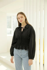 Smocked Waist Linen Blouse With Tie Front and Puff Sleeves