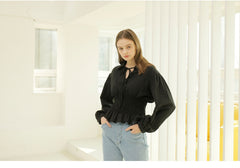 Smocked Waist Linen Blouse With Tie Front and Puff Sleeves