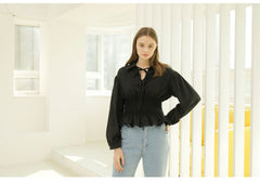 Smocked Waist Linen Blouse With Tie Front and Puff Sleeves