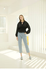 Smocked Waist Linen Blouse With Tie Front and Puff Sleeves