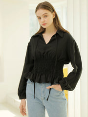 Smocked Waist Linen Blouse With Tie Front and Puff Sleeves