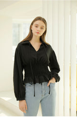 Smocked Waist Linen Blouse With Tie Front and Puff Sleeves