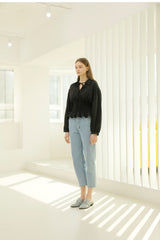 Smocked Waist Linen Blouse With Tie Front and Puff Sleeves