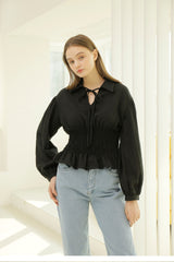 Smocked Waist Linen Blouse With Tie Front and Puff Sleeves