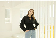 Smocked Waist Linen Blouse With Tie Front and Puff Sleeves