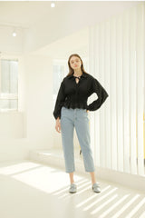 Smocked Waist Linen Blouse With Tie Front and Puff Sleeves
