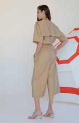 Chic Tailored Linen Jumpsuit with Sailor Collar and Cropped Wide-Leg Pants for Women