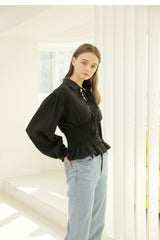 Smocked Waist Linen Blouse With Tie Front and Puff Sleeves