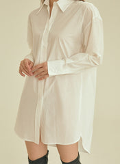Classic Oversized Cotton Poplin Shirt with Long Sleeves and Curved Hem for Effortless Styling