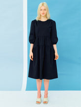 Women's Linen Tiered Midi Dress with Puff Sleeves and Round Neck – Lightweight A-Line Fit