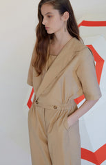 Chic Tailored Linen Jumpsuit with Sailor Collar and Cropped Wide-Leg Pants for Women