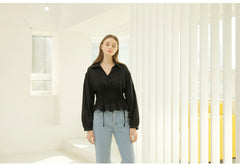 Smocked Waist Linen Blouse With Tie Front and Puff Sleeves