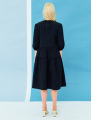 Women's Linen Tiered Midi Dress with Puff Sleeves and Round Neck – Lightweight A-Line Fit