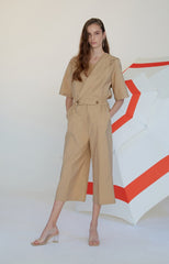 Chic Tailored Linen Jumpsuit with Sailor Collar and Cropped Wide-Leg Pants for Women
