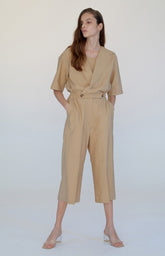 Chic Tailored Linen Jumpsuit with Sailor Collar and Cropped Wide-Leg Pants for Women