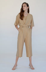 Chic Tailored Linen Jumpsuit with Sailor Collar and Cropped Wide-Leg Pants for Women