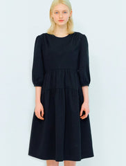 Women's Linen Tiered Midi Dress with Puff Sleeves and Round Neck – Lightweight A-Line Fit