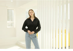 Smocked Waist Linen Blouse With Tie Front and Puff Sleeves