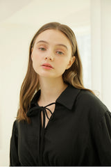 Smocked Waist Linen Blouse With Tie Front and Puff Sleeves