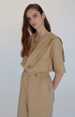 Chic Tailored Linen Jumpsuit with Sailor Collar and Cropped Wide-Leg Pants for Women
