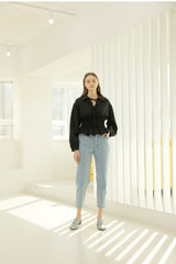 Smocked Waist Linen Blouse With Tie Front and Puff Sleeves